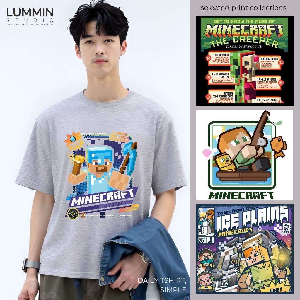 LUMMIN Kaos Pria Dewasa Creeper Enderman Steve Diamond Sword Minner Noob Gamer Regular Fit Streetwea