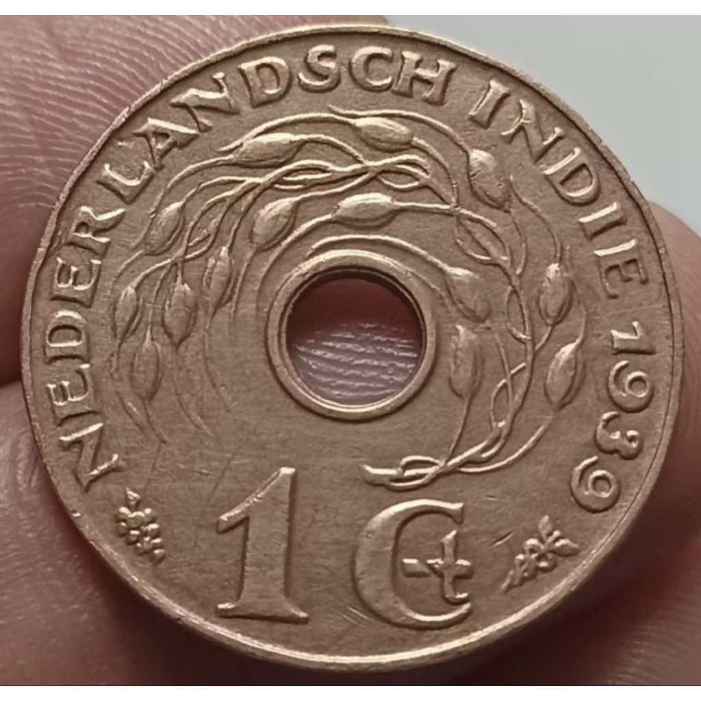 uang koin 1 cent bolong Nederland indie thn Rendem bagus asli