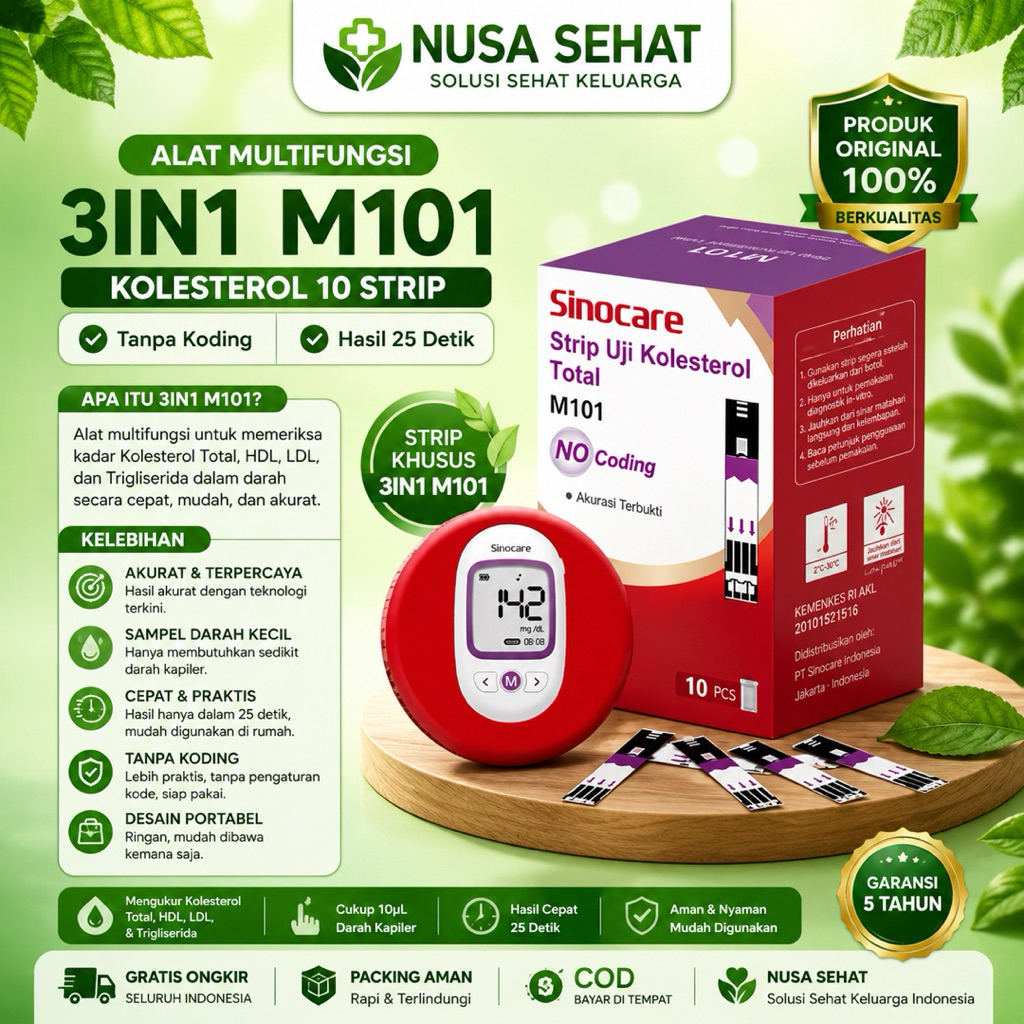 NusaSehatID alat cek kolesterol, strip kolesterol, sinocare m101, alat tes kolesterol, strip uji kol