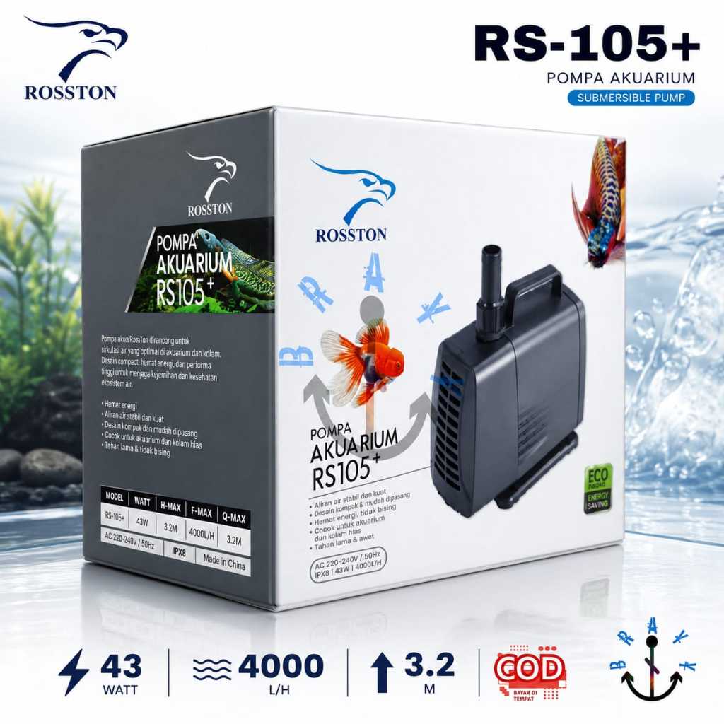 Pompa Air Celup Submersible Pump Filter Aquarium Kolam Rosston RS 105+