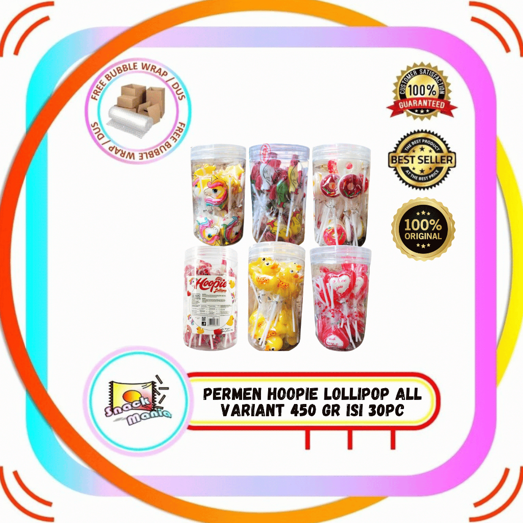 Hoopie Lollipop Aneka Bentuk Bebek Unicorn Heart Ayam Jago Donat Jar 450 gr Isi 30 pcs Permen Lolipo
