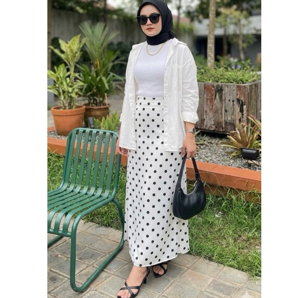 Rok Polkadot Silk Model Korean Style Basic Rok Pinggang Rok Duyung Satin Maxi Skirt