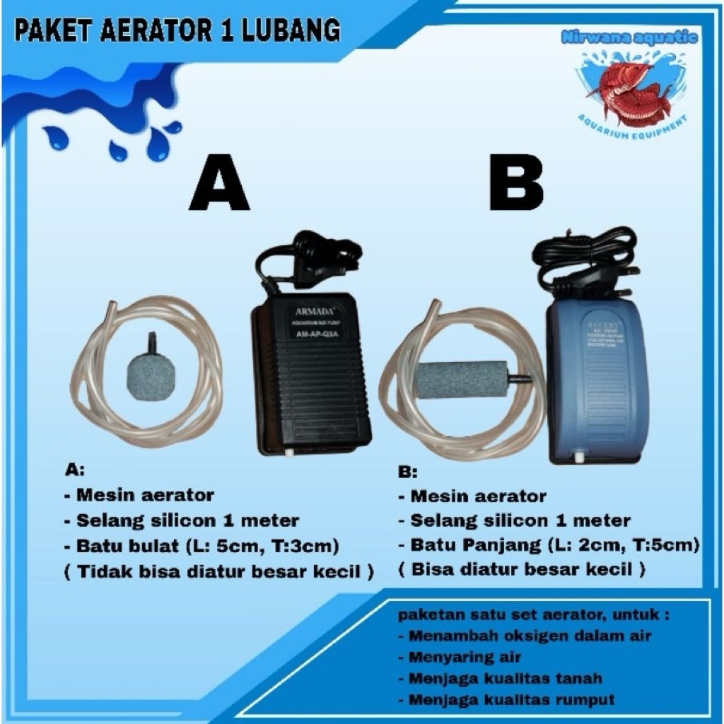 Paketan satu set - Mesin aerator 1 lubang + selang + batu oksigen