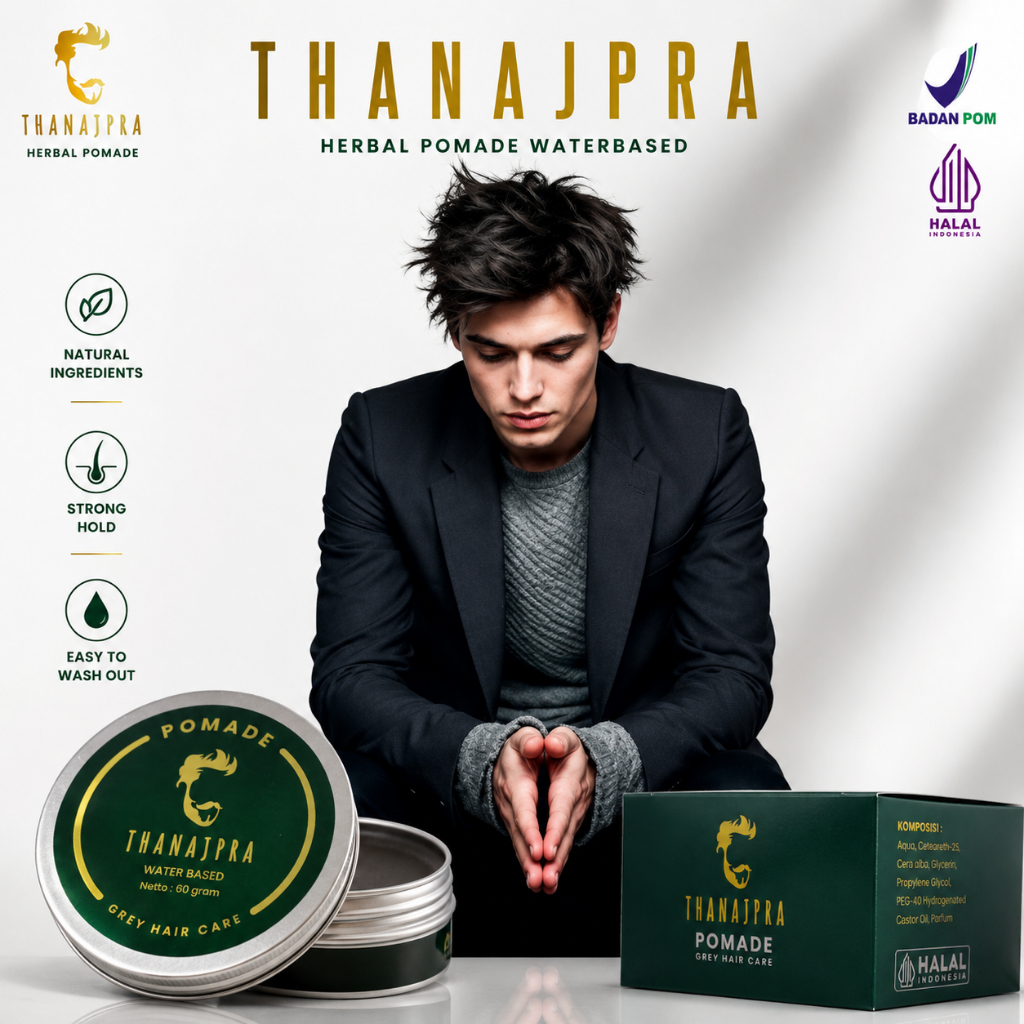 Minyak Rambut Pria Wangi Thanajpra - Pomade Herbal Waterbased, Penghitam Rambut Permanen, Penghilang