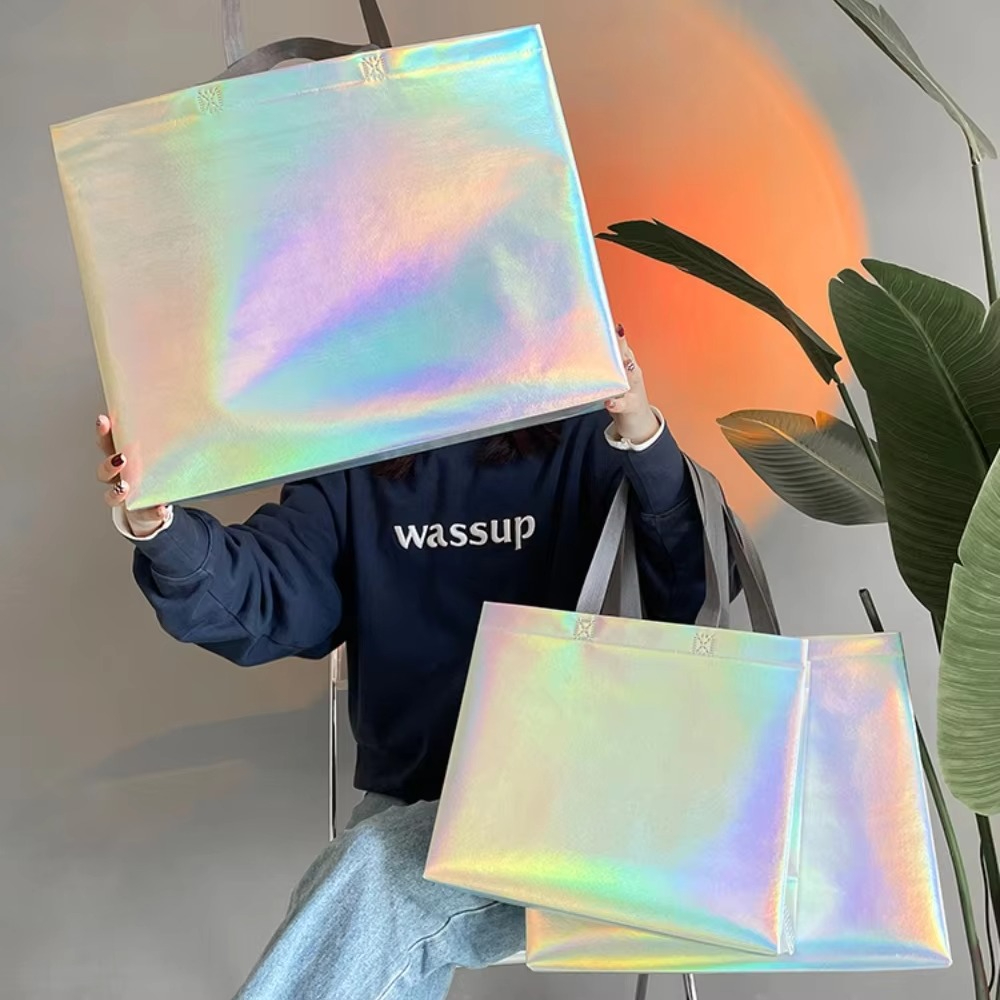Tas hologram tote bag ToteBag Rainbow laser goodie bag belanja lipat spunbond anti air souvenir pernikahan bridesmaid hampers kado wanita fashion metalik Doff premium serbaguna waterproof reusable shopping bag Brand Toko Polos tebal kuat murah grosir