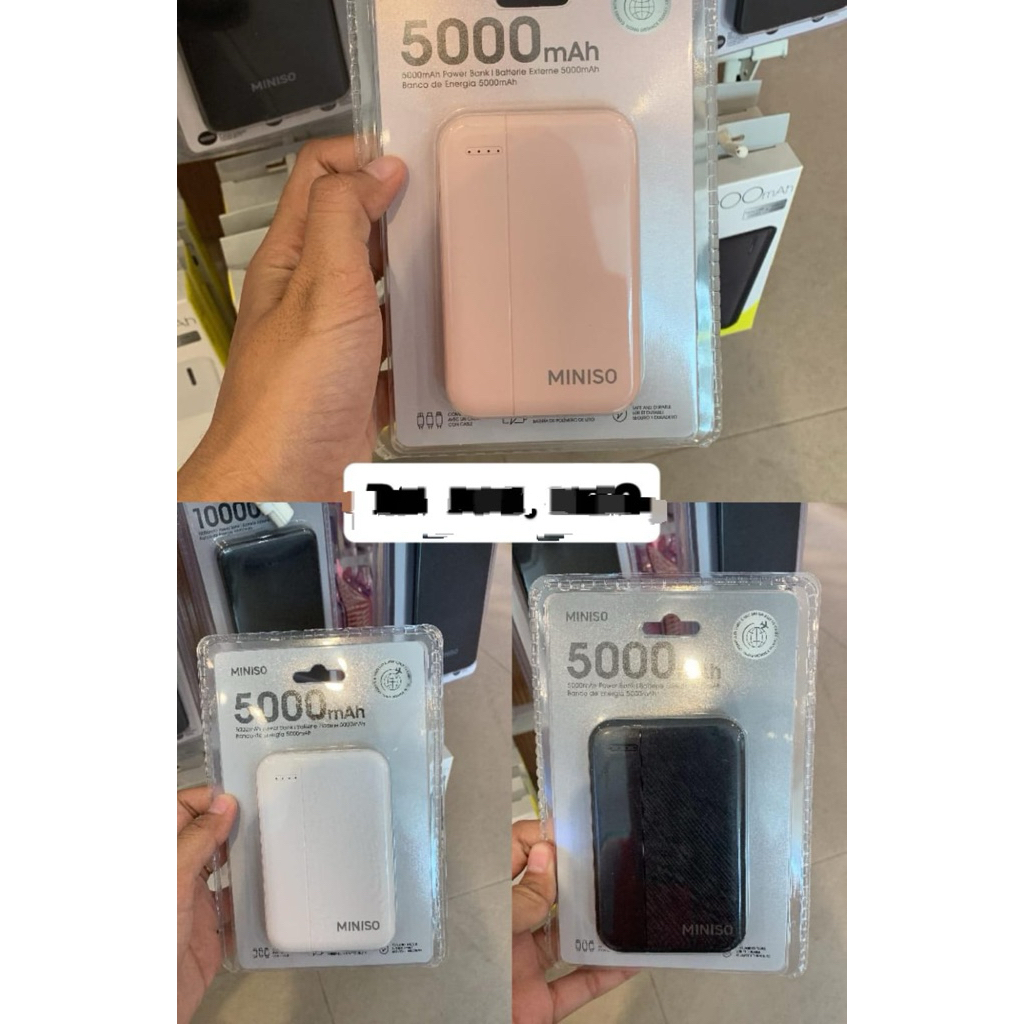 miniso powerbank charger 5000 mah black hitam white putih pink merah muda blue biru