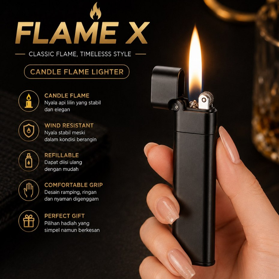 Korek api simple slim sumbu minyak ,api lilin Flame X (warna random)