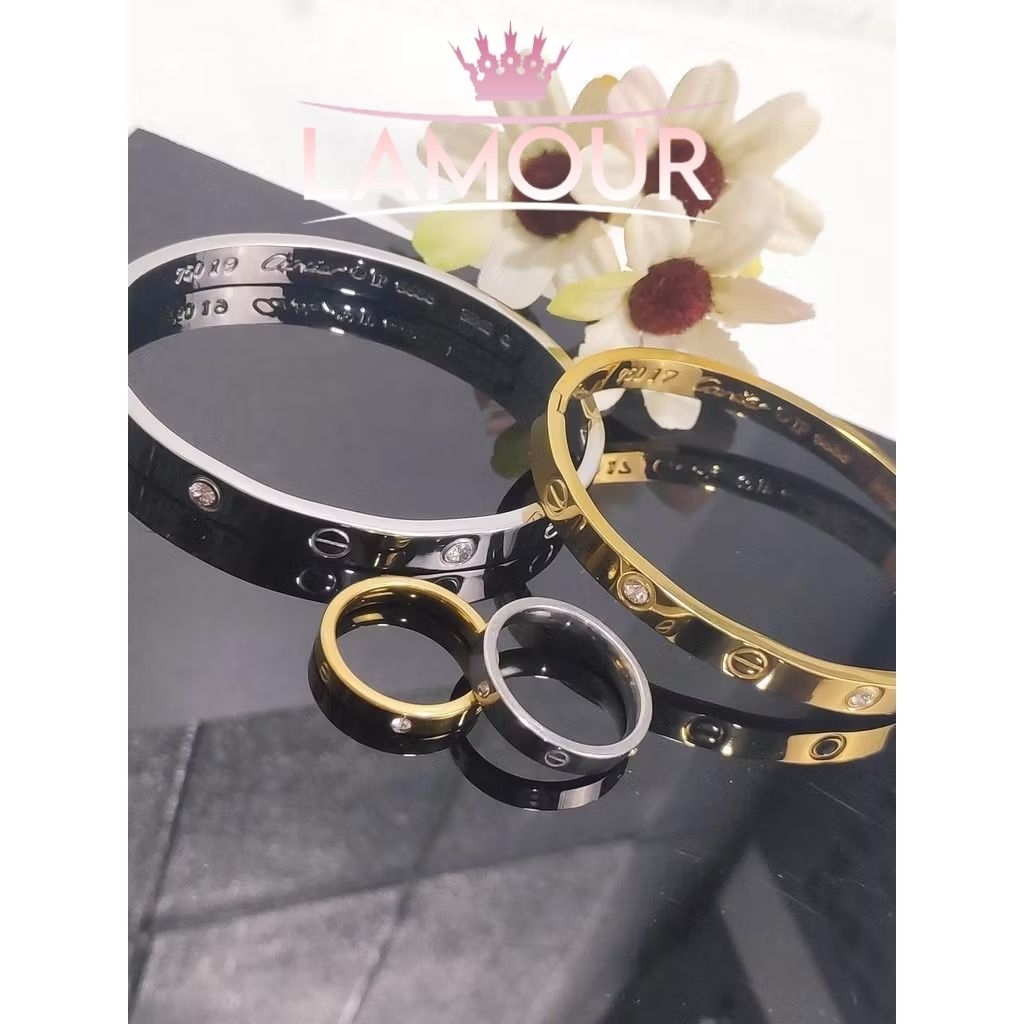 Lamour • Set Gelang Cincin Titanium CTR Model Slim 4mm Wanita Elegan
