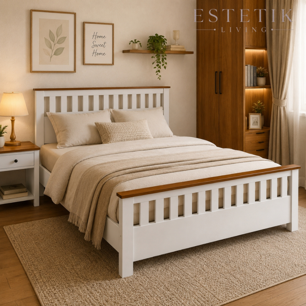 Tempat Tidur Minimalis Kayu Jati Putih | Dipan Japandi Modern Estetik Living
