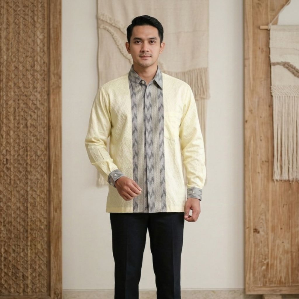 Kemeja Songket Yellow pastel Kemeja Tenun Doby Kemeja Songket Palembang Kemeja Tenun Pria Premium Ku