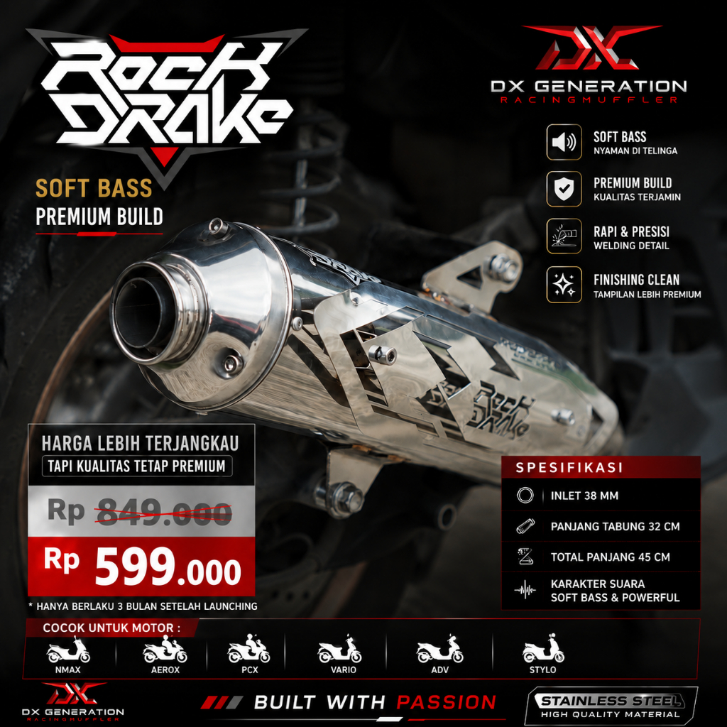 Knalpot Standar Racing Rock Drake By DX Generation For NMAX AEROX PCX VARIO ADV STYLO