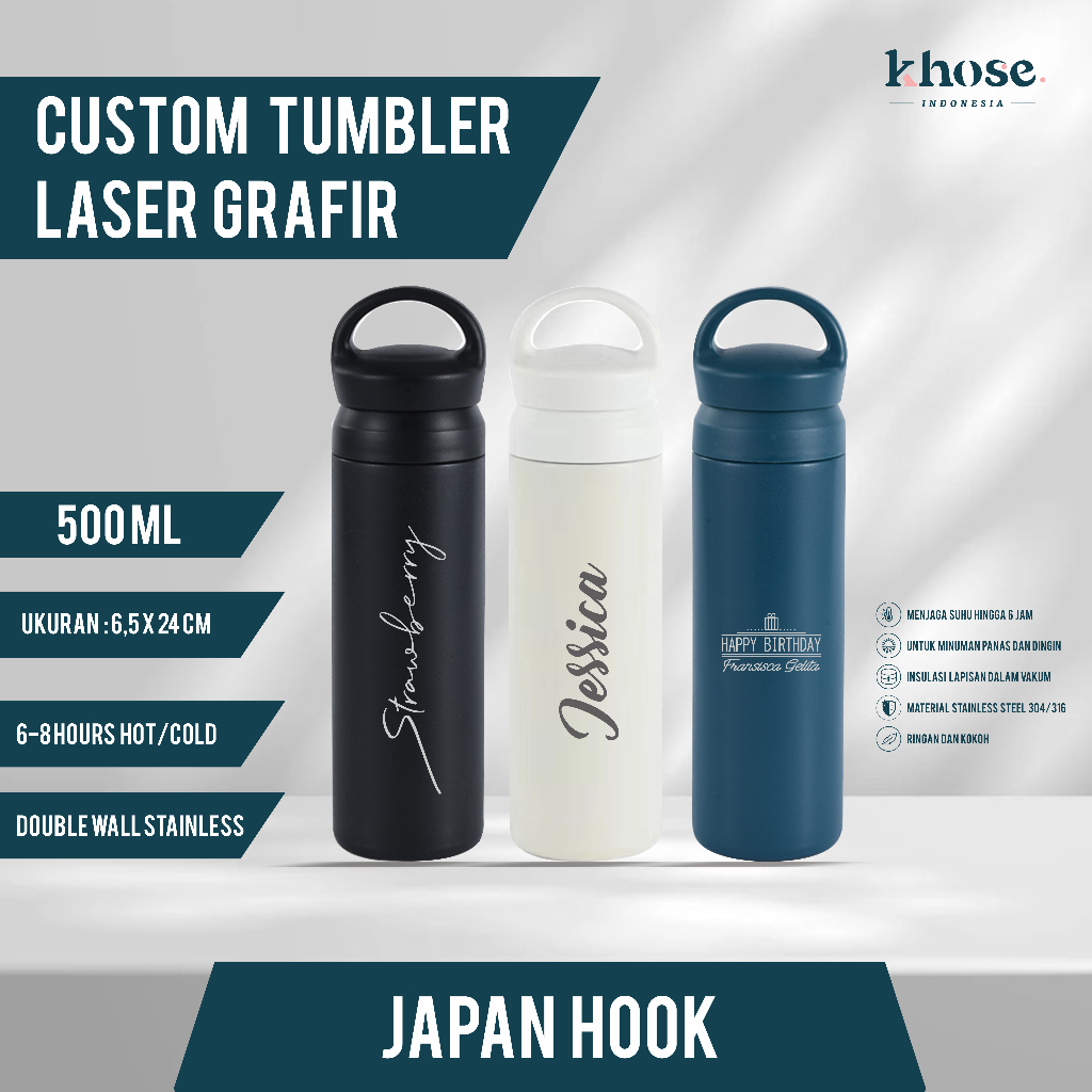 Botol Tumblr Custom Japan Hook Stainless Laser Grafir 500 ml / Graduation / Cetak Nama Logo / Souven