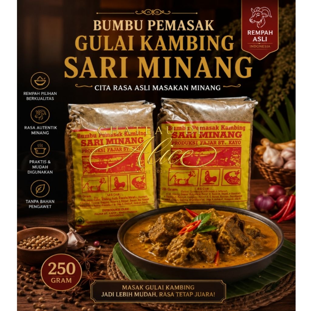 BUMBU GULAI KAMBING Sari minang bumbu rendang Bumbu Gulai kambing 250 Gram / Bumbu lauk rendang / Bu