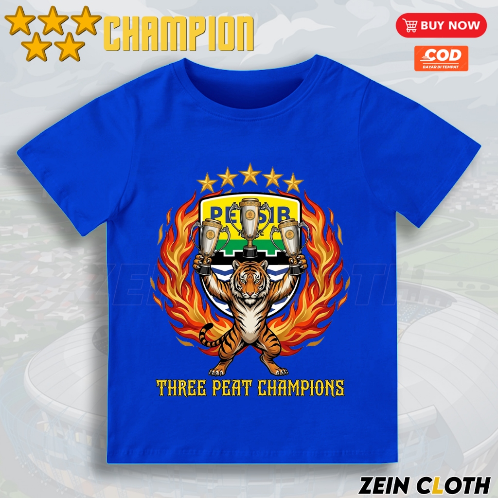 Kaos Anak Persib Three Peat Champion / Baju Kaos Anak Persib Champion