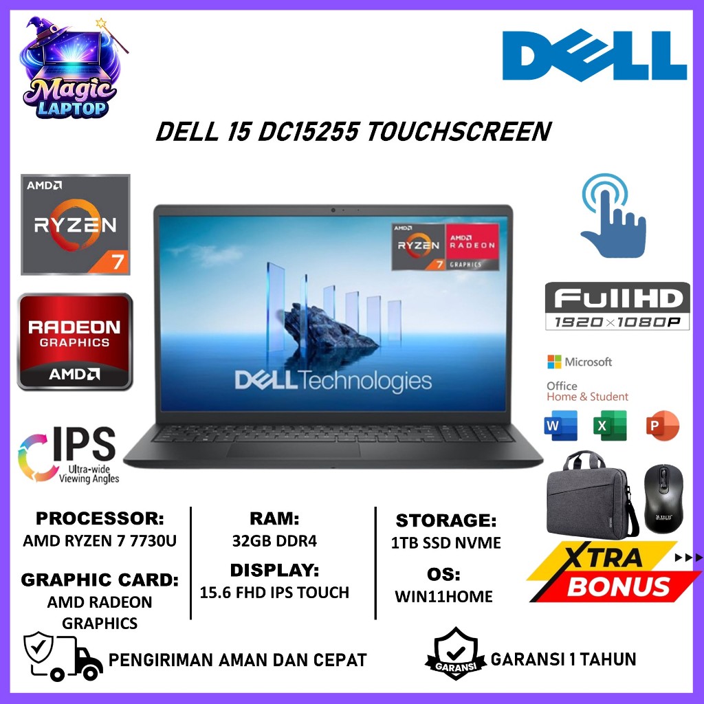 Laptop Touchscreen Dell 15 DC15255 AMD Ryzen 7 7730U 32GB 1TB 15.6 32GB 1TB Windows 11 Home