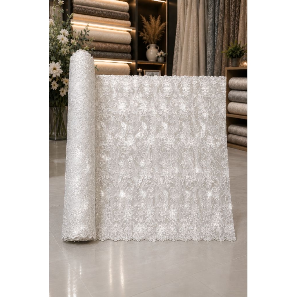 KAIN TILE BORDIR  WARNA PUTIH CANTIK MENARIK KEMILAU MURAH ELEGAN