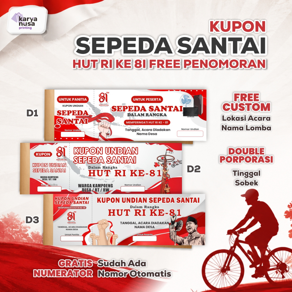 Kupon Sepeda Santai HUT RI 81 Custom Nomor Urut Doorprize Jalan Sehat Agustusan Kupon Undian 17 Agus