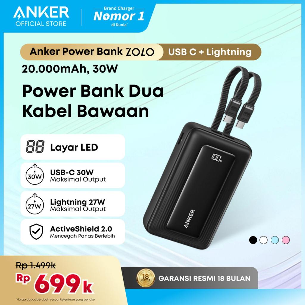 Anker Zolo Power Bank 20.000mAh 30W Max Fast Portable Charger with Built-in USB-C and MFi Certified 