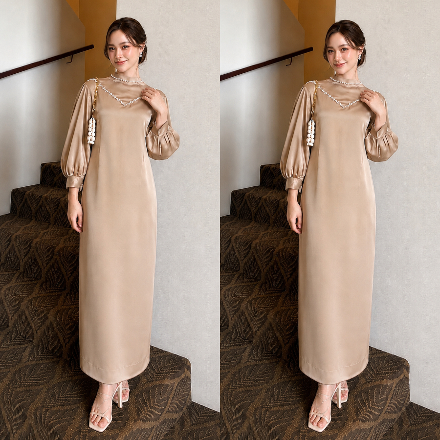 Calendula Dress Premium Maxy Material Satin Silk Premium Gamis Polos Payet Mutiara V Jahit Tangan Fa