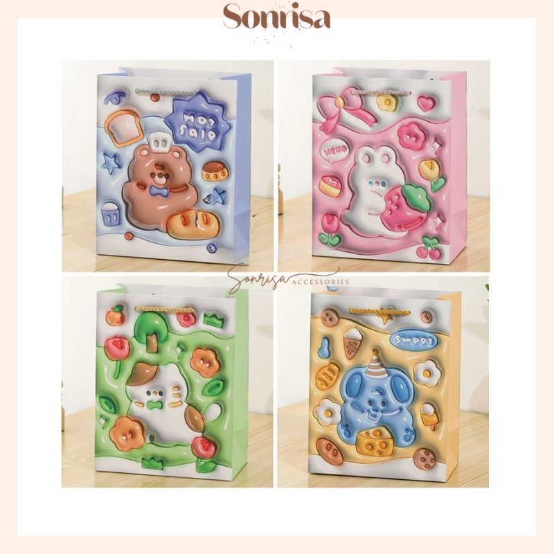 SONRISA - Paper Bag Kado 3D Cute Animal / Goodie Bag Ulang Tahun / Tas Kado Lucu Pastel