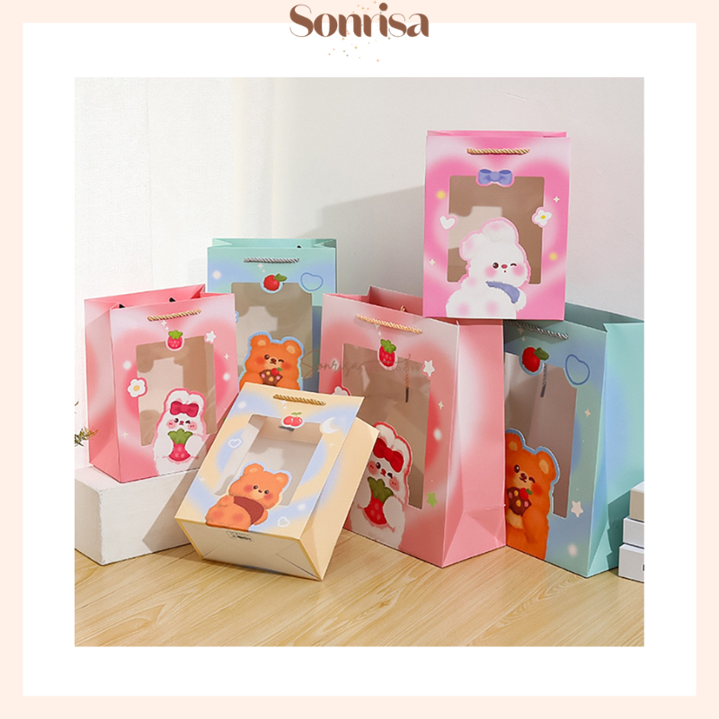 SONRISA - Paper Bag Transparan Motif Lucu Gradasi Bear Rabbit / Paper Bag Plastik Aesthetic / Goodie