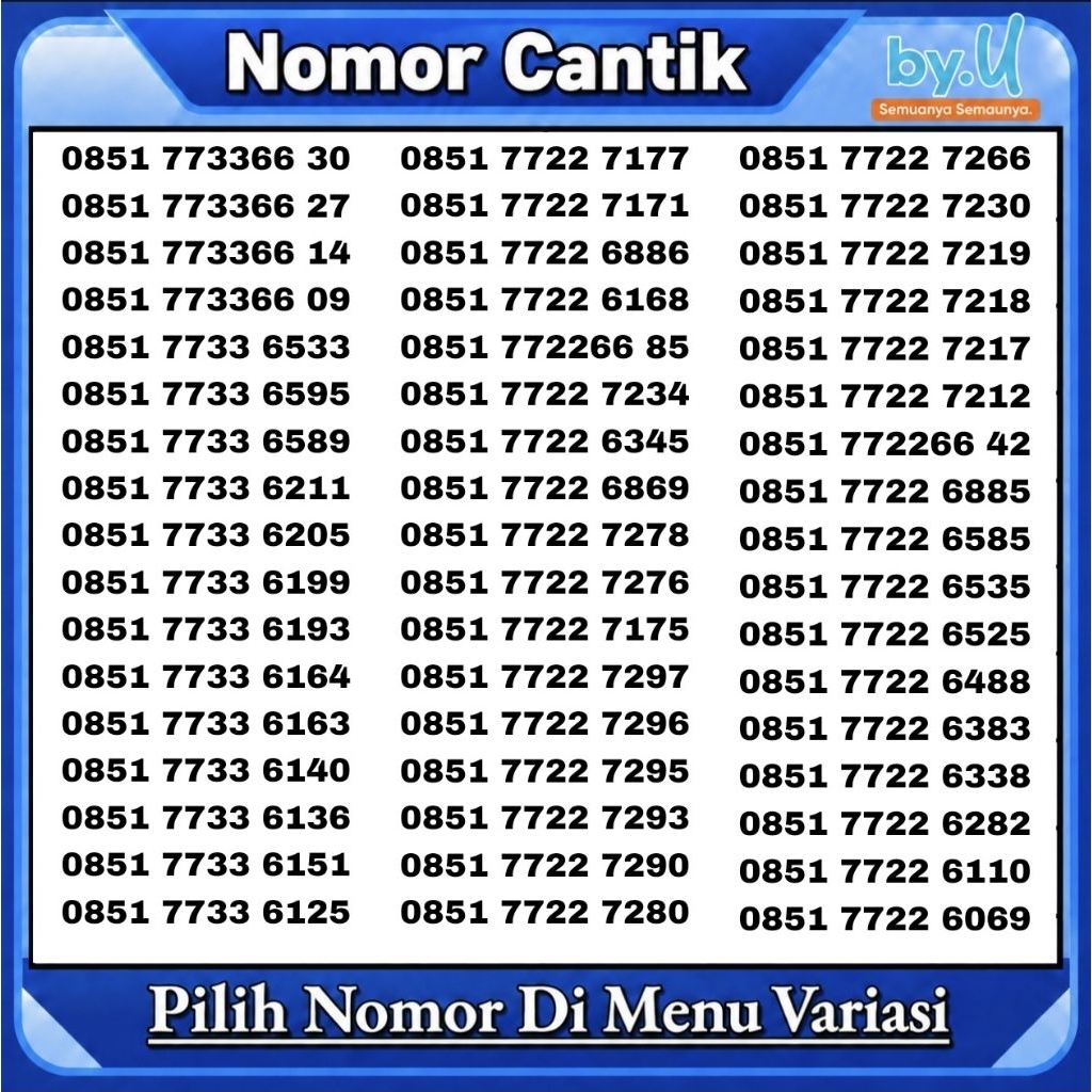 Kartu Perdana Nomor Cantik By.U - Nasional Pilih Nomor