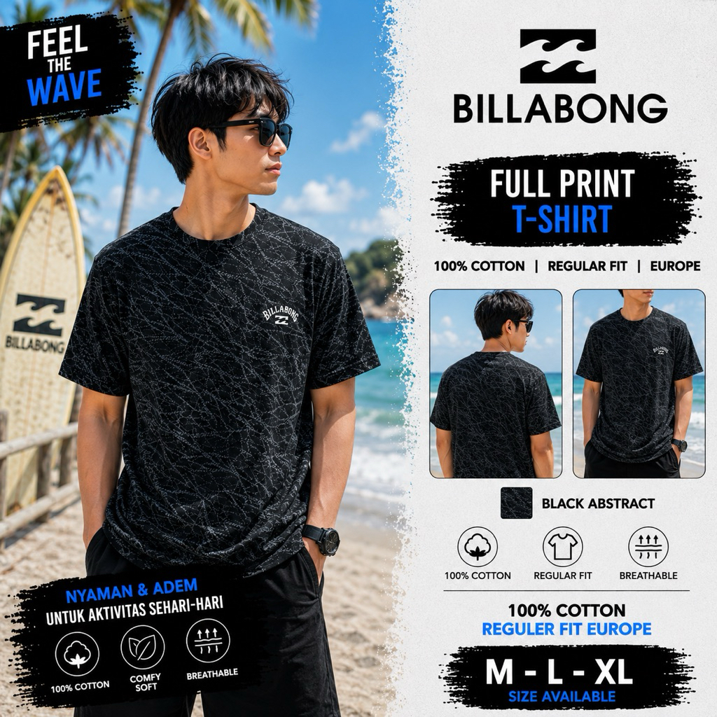 BILLABONG Original Kaos Surfing Pria Motif Abstract Hitam | T-Shirt Casual Premium Cotton