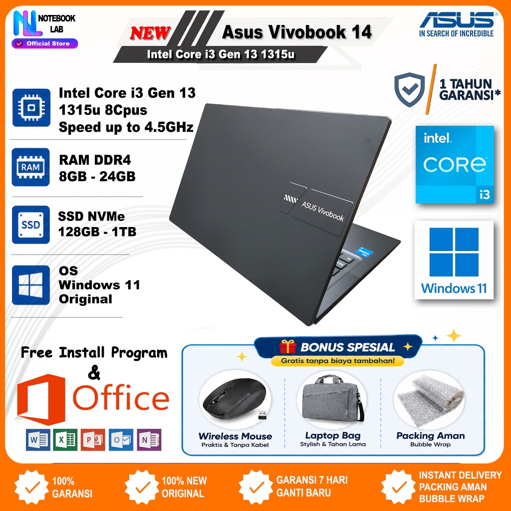 Laptop Asus Vivobook 14 Core i3 Gen 13 1315u FullHD Garansi 1 Tahun