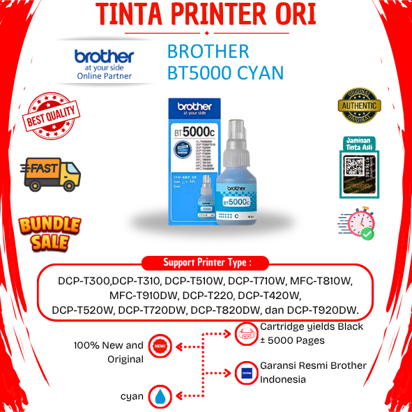 Tinta Brother BT5000c | BT 5000 Cyan | BT5000 Biru | BT-6000 C | Original Bergaransi Resmi For Print