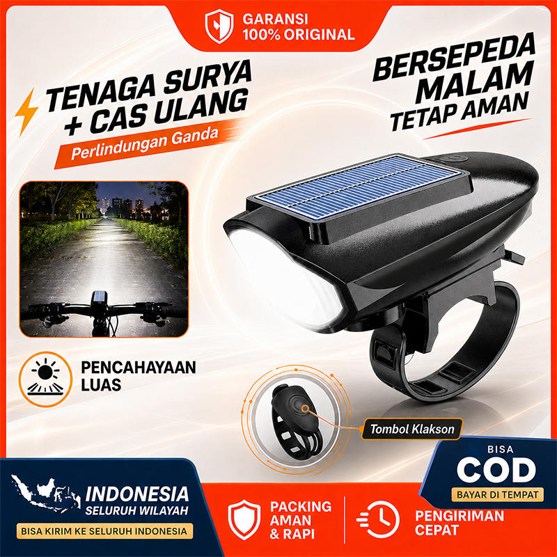 Lampu Sepeda Solar Dengan Klakson 160dB 300 Lumens LED Super Terang USB Rechargeable Tahan Air Bater