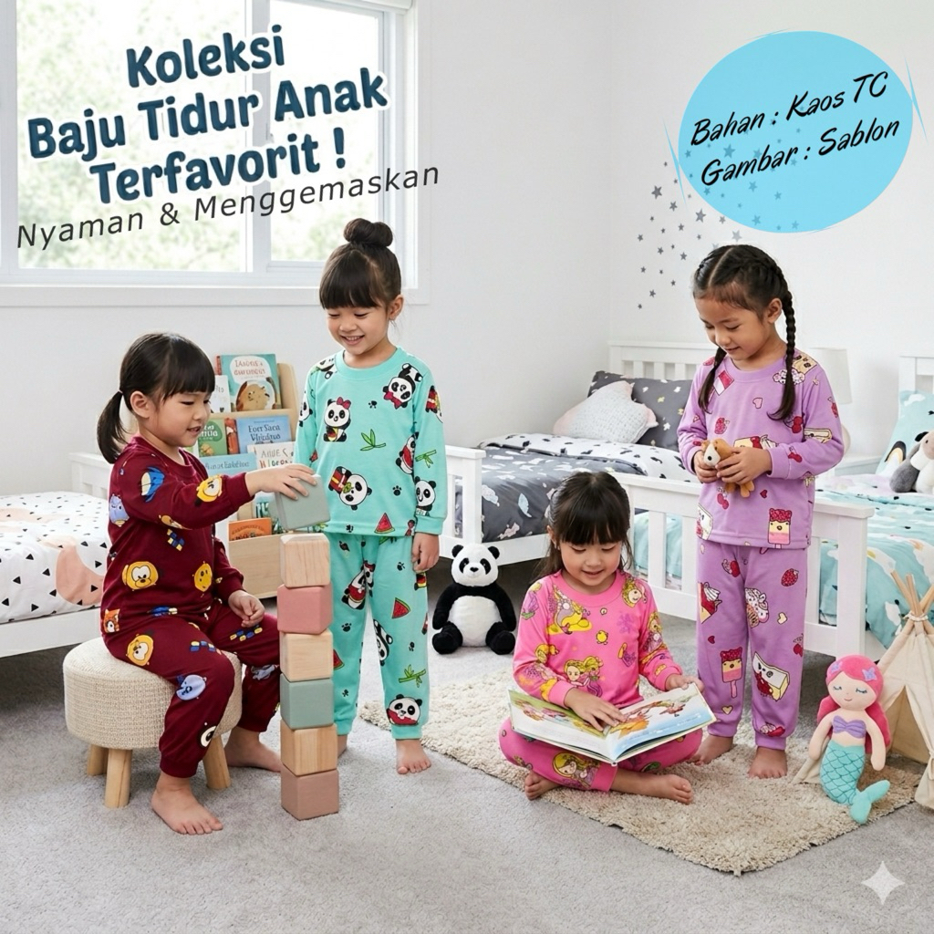 YEYA - BAJU TIDUR ANAK KIDS PEREMPUAN/CEWEK SETELAN/STELAN BAHAN KAOS KATUN COMBED PP WARNA
