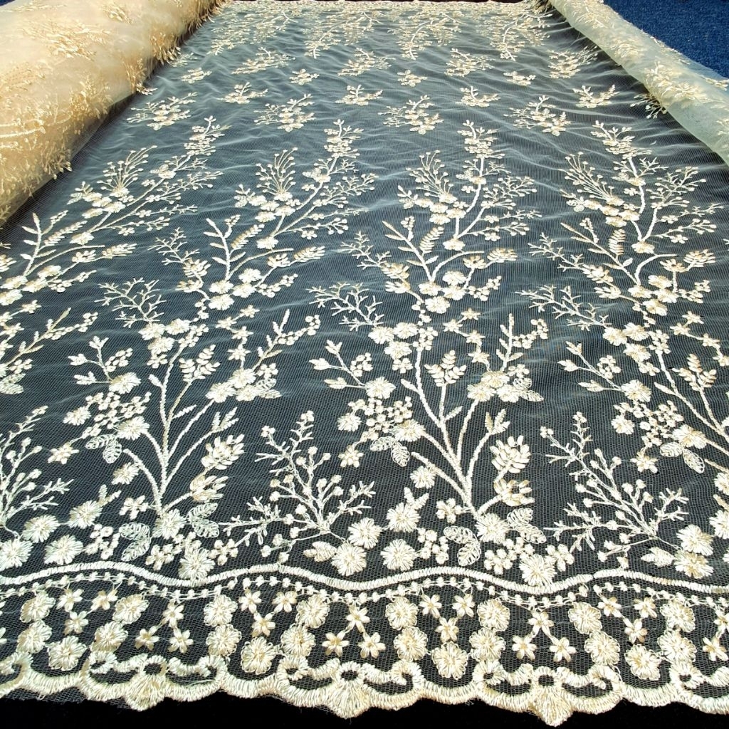 Kain Tile Bordir Premium Motif Sulam Akar Padi Elegan / Kain Tile Bordir Cantik Redy Rollan Untuk Bi