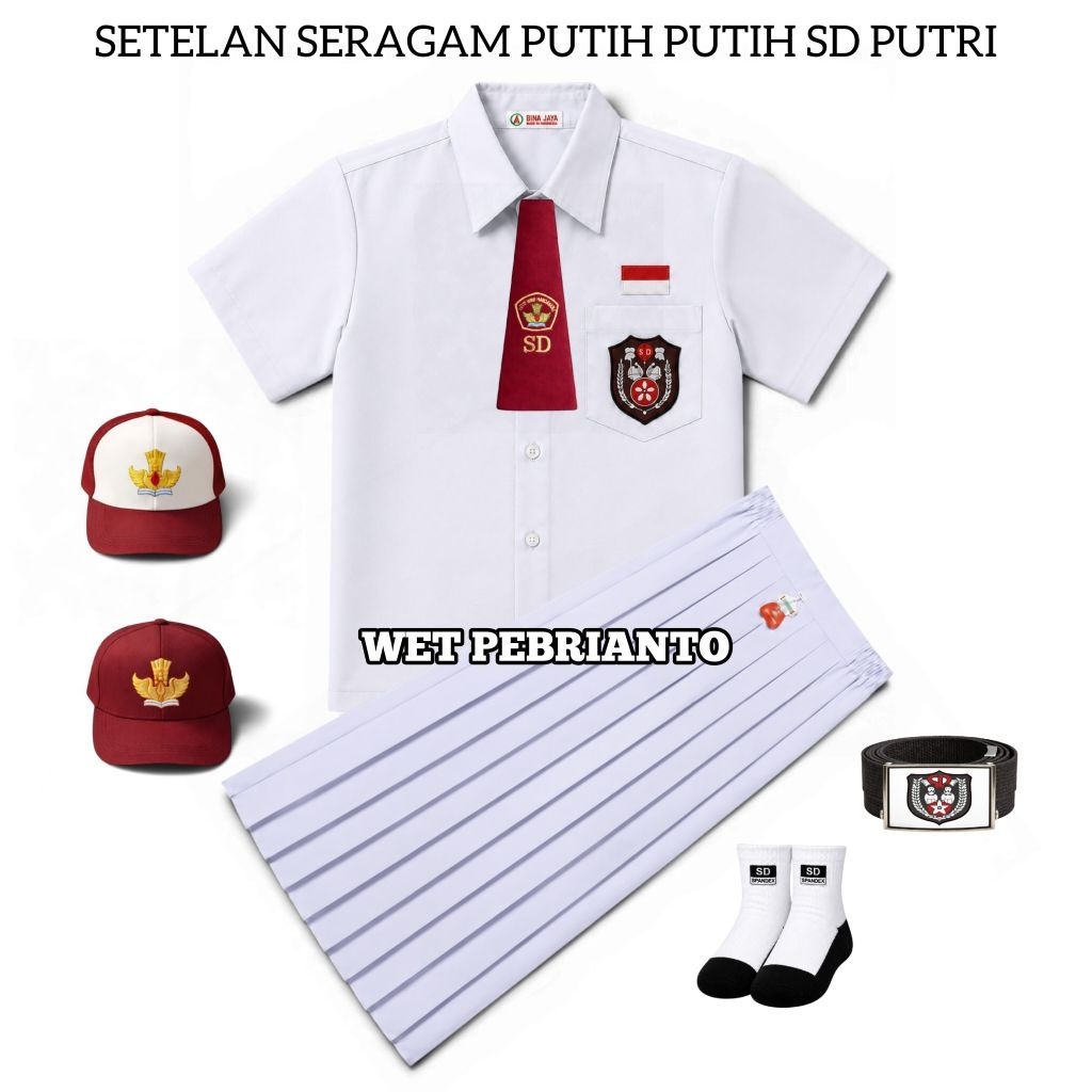 Setelan Seragam Sekolah SD Putih-Putih Perempuan Baju Putih Lengan Pendek Rok Putih Panjang Kelas 1-