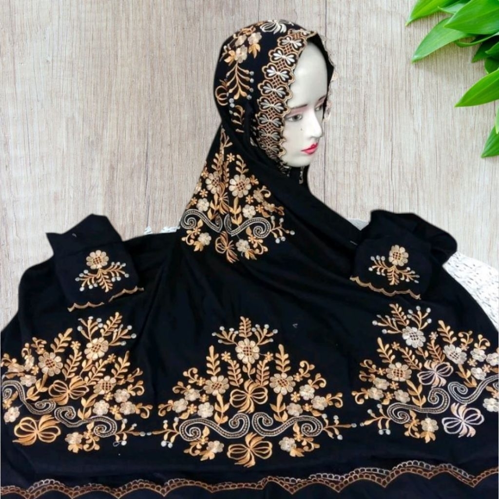 mukena terusan hitam series bordir mewah dewasa