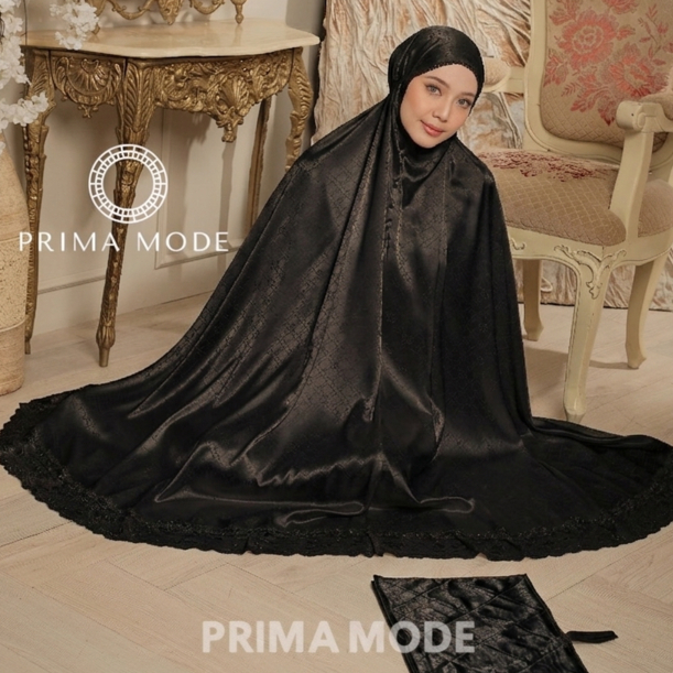 PRIMA MODE - Mukena Black Series Bahan Armany Silk Jaguar Renda Tas Sajadah Muka Mukena Hitam