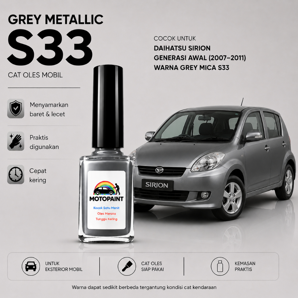 Motopaint Grey Metallic S33 Cat Oles Penghilang Baret Mobil Daihatsu Sirion Warna Abu-Abu Metalik