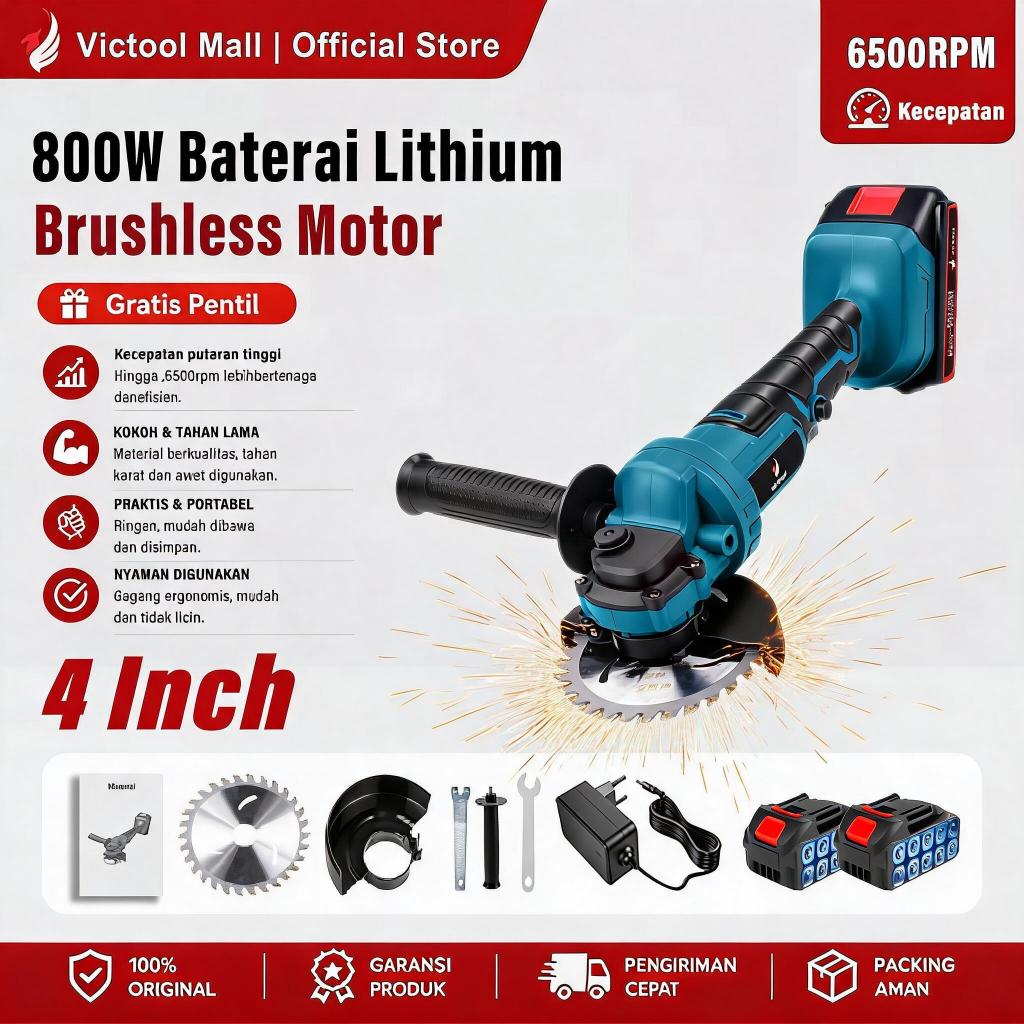 victool 800W Gerinda Baterai Gerinda Cordless Gerinda Cas Gerinda Tangan Baterai Angle Grinder Gerin