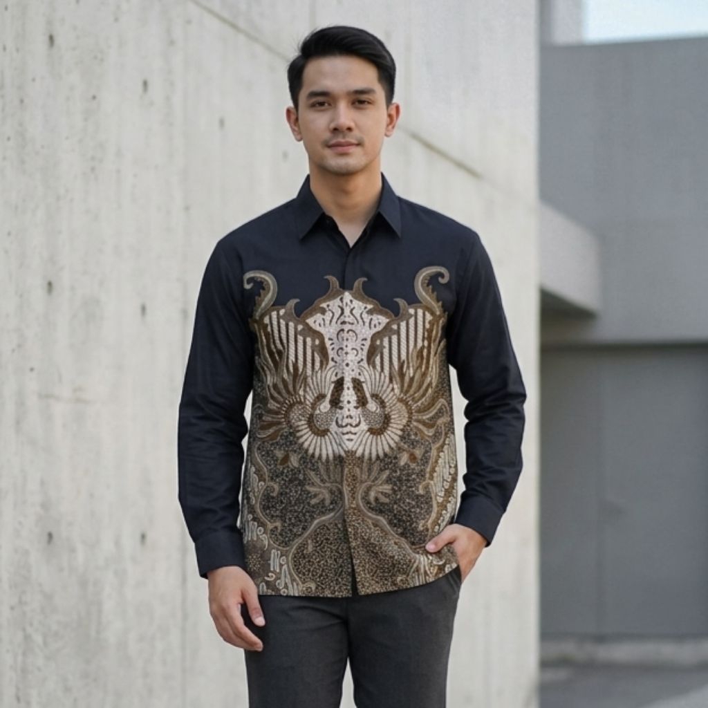 Batik Pria Lengan Panjang Hitam Olive | Lapis Furing | Bahan Katun Reguler Fit | Seragam Batik Cowok