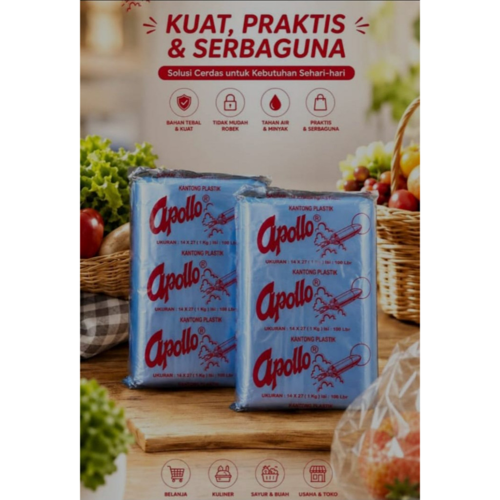 Plastik PP Bening Merk Apollo Ukuran 1 KG Merah Biru Serbaguna