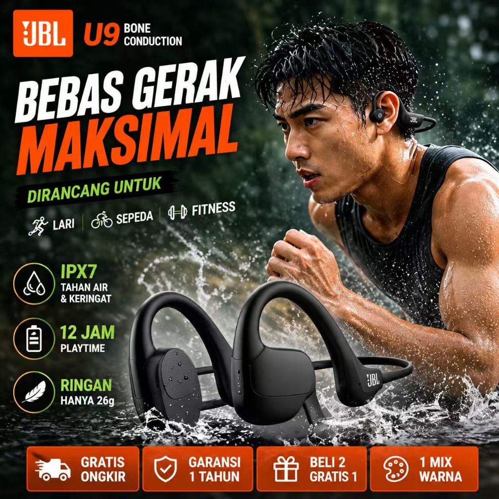 JBL U9 Bone Conduction Headphone Sport Wireless Bluetooth 5.4 Earphone Lari Fitness Gym Tahan Kering