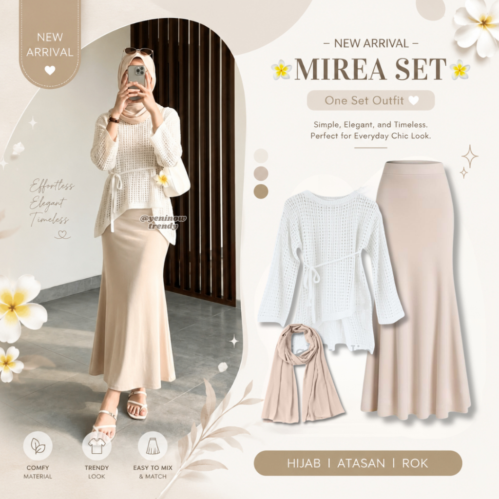 Mirea One Set Outfit Cantik Atasan Yuruma Jaring Rajut Rok Duyung Cream Jilbab Pashmina Ceruty Setel