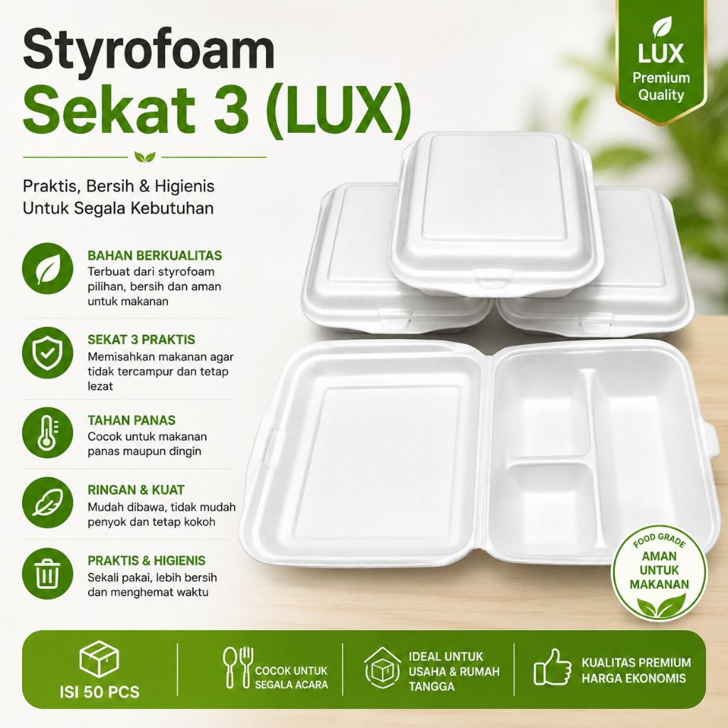 Kotak Makanan Styrofoam Sekat 3 (LUX) – Wadah Nasi Kotak Sekali Pakai