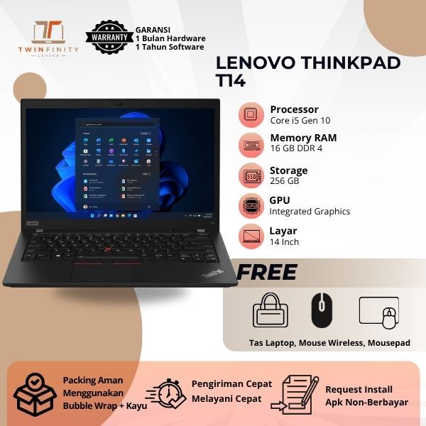 [FREE MOUSE WIRELESS & TAS LAPTOP] Lenovo ThinkPad T14 Core i5 Gen10 RAM 16GB SSD 256GB 14 Inch Lapt