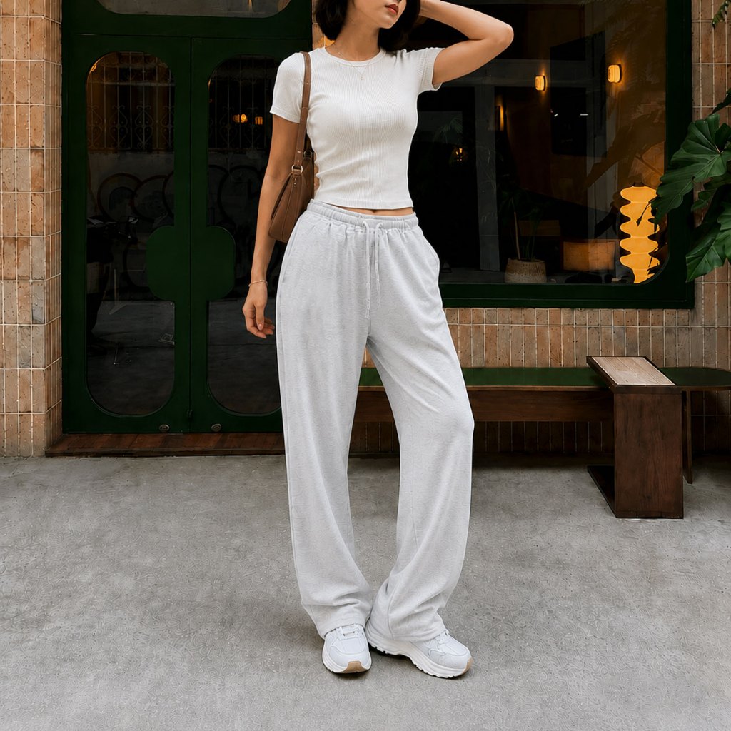 Celana Jogger Wanita Loosepants Polos Simple Abu Muda Katun Fleece Tebal Celana Kulot Training Cewek
