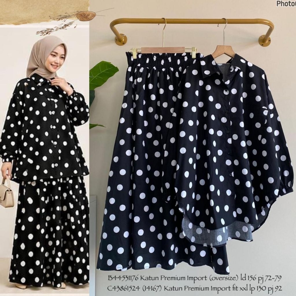 Setelan kemeja rok polkadot totol oversized jumbo atasan polka katun premium