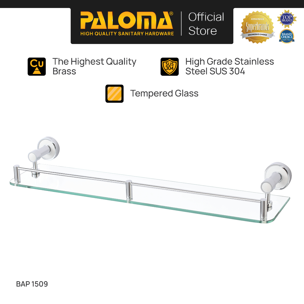 PALOMA BAP 1509 Rak Kaca Tempat Sabun Glass Shelf Dinding Kamar Mandi Brass Kuningan Chrome Krom