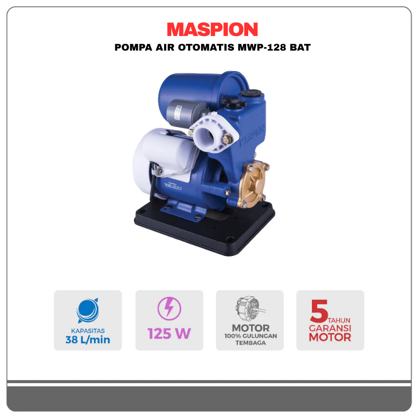MASPION Pompa Air MWP-128 BAT Otomatis Semi Jet Pump Hemat Listrik Garansi Resmi Original