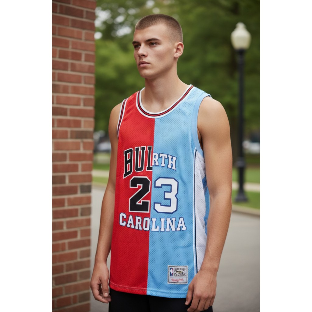 JERSEY BASKET PREMIUM IMPORT SPLIT BULLS X NORTH CAROLINA 23 MICHAEL JORDAN MERAH BIRU
