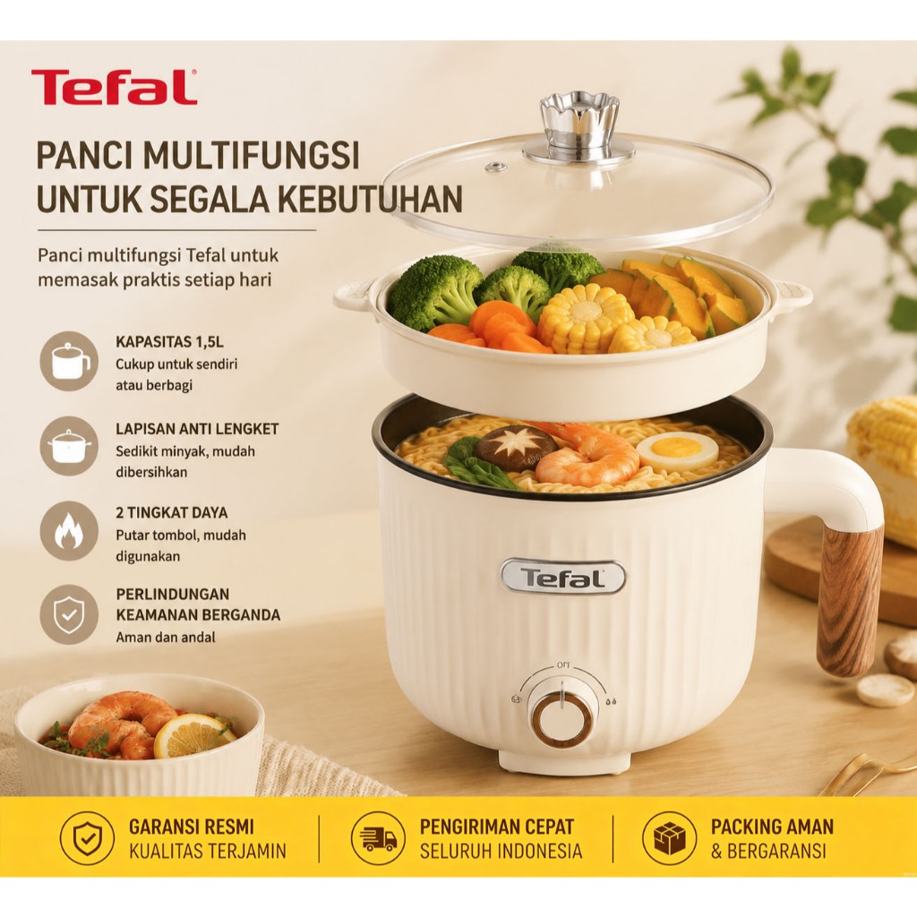 Tefal Panci Masak Elektrik Multifungsi Lapisan Ganda 1,8L Panci Listrik Kapasitas Besar untuk Memasa