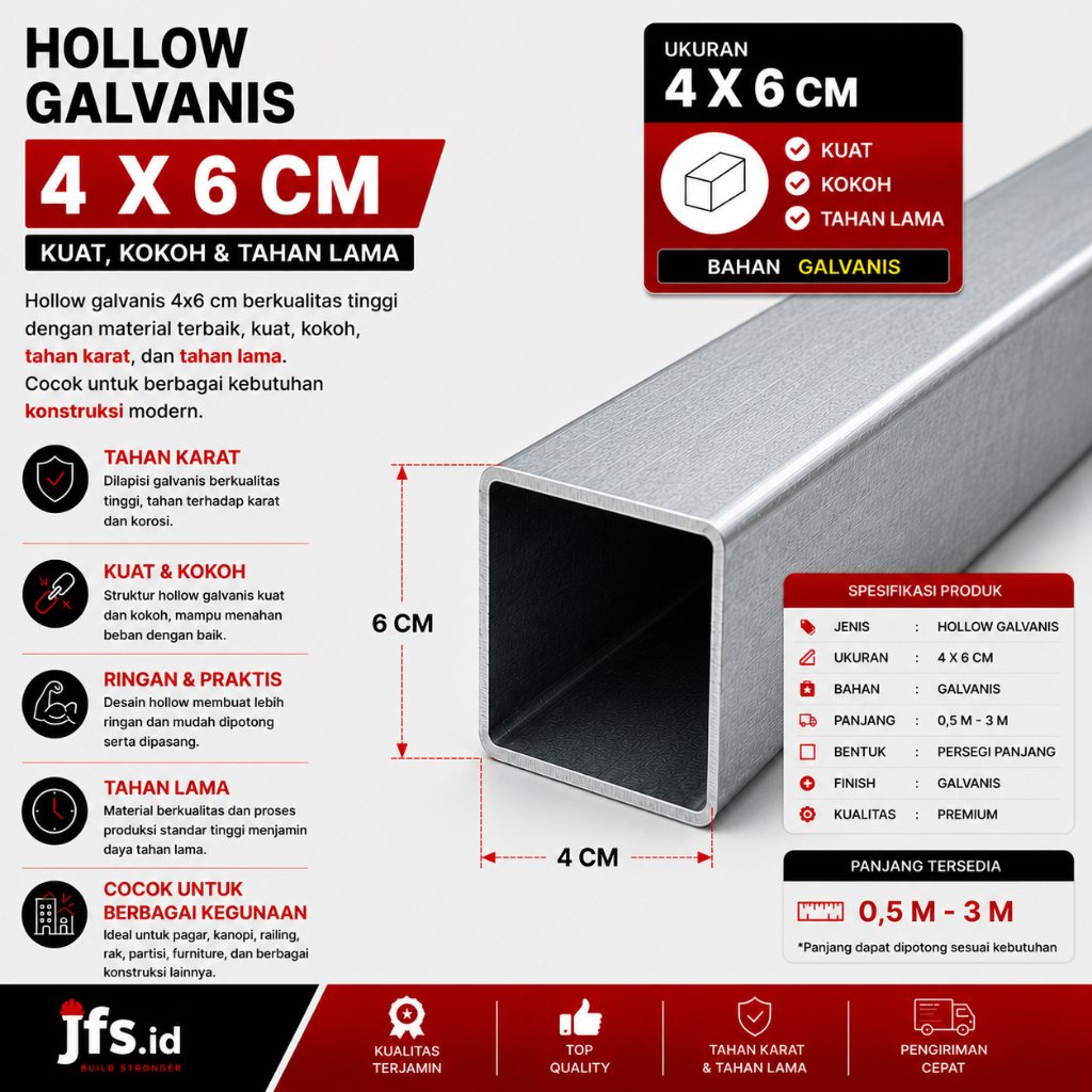 Besi Hollow Galvanis 4x6cm Tebal 1,2 mm | Hollow 40x60 mm | Stall Galvanis